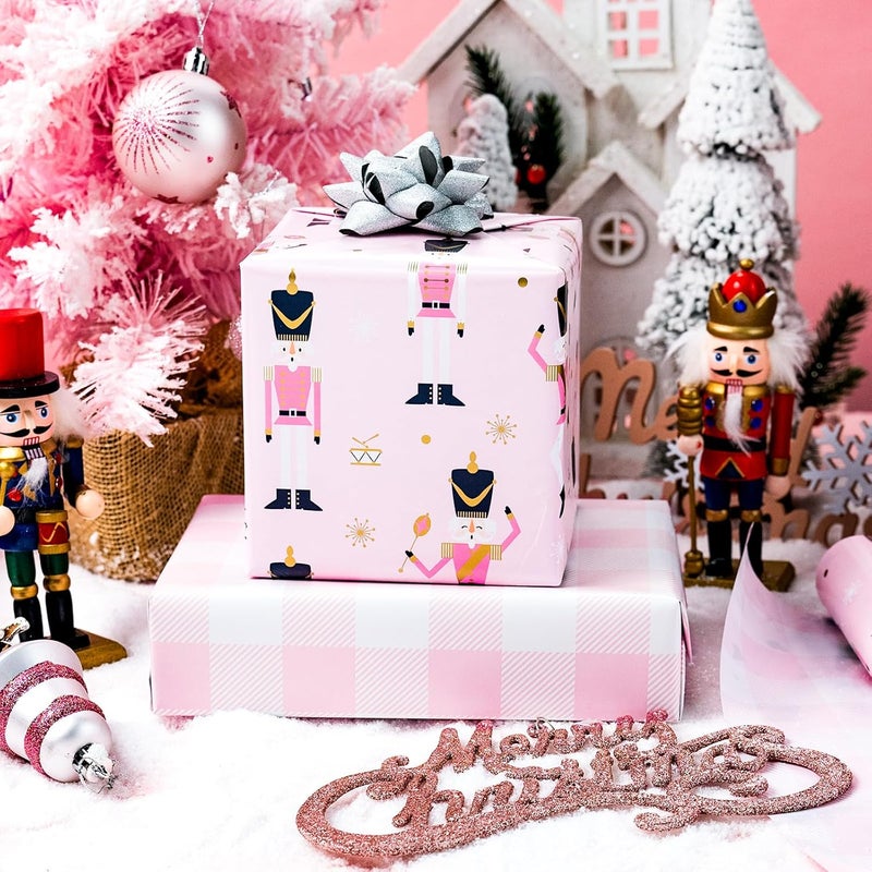 Yarcony Reversible Nutcracker Wrapping Paper, Pink Christmas Wrapping Paper, Pastel Pearly-Lustre Nutcracker and Plaid Design Christmas Gift Wrap for Holiday, Party (Mini Roll, 17 Inch X 33 Feet) - Image 5